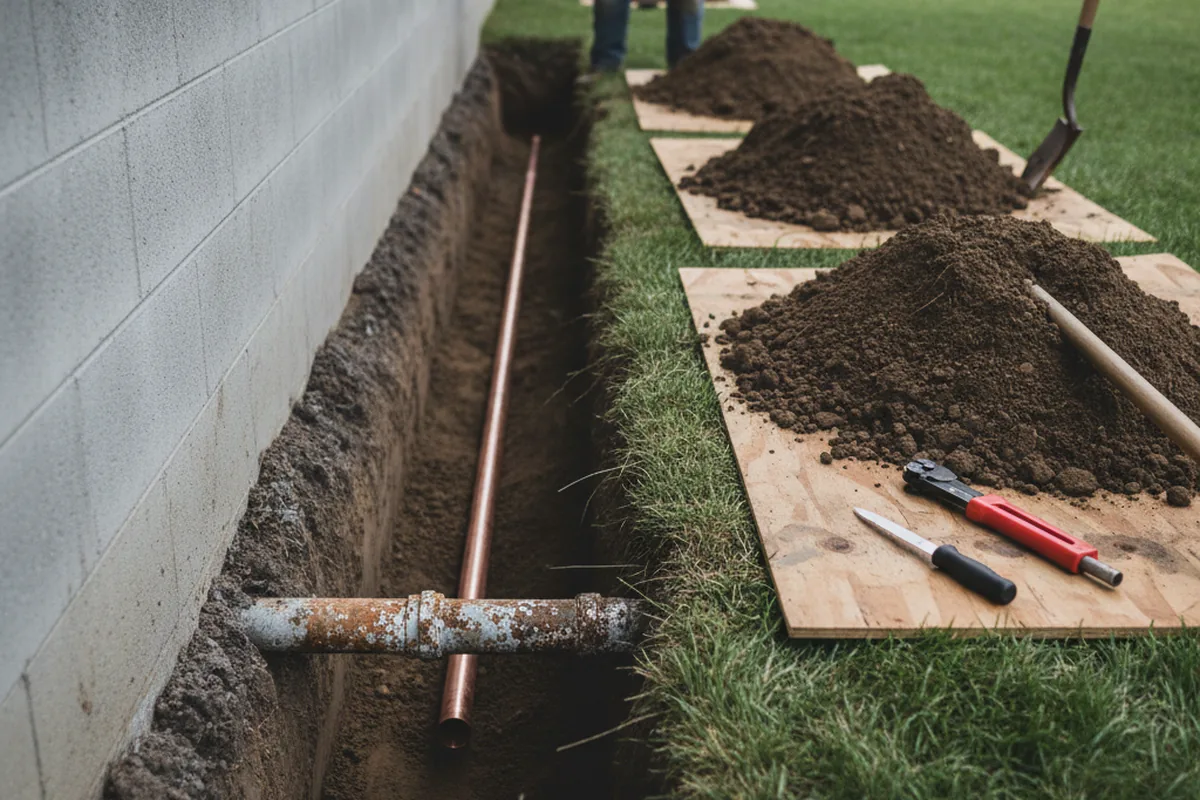 Excavated water line trench during Water Heater Repair in Des Allemands
